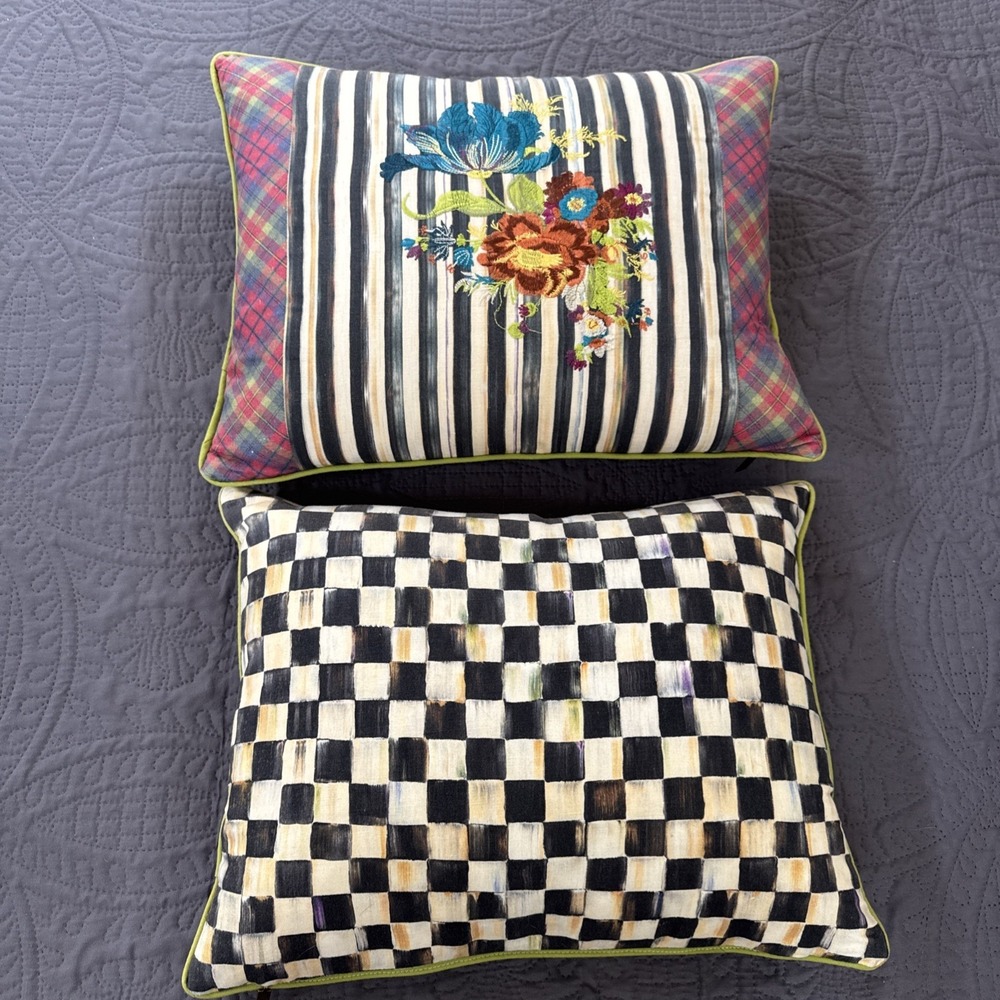 2 Mckenzie Childs Rectangular Courtly Check & Floral Reversible Pillows 14x18"